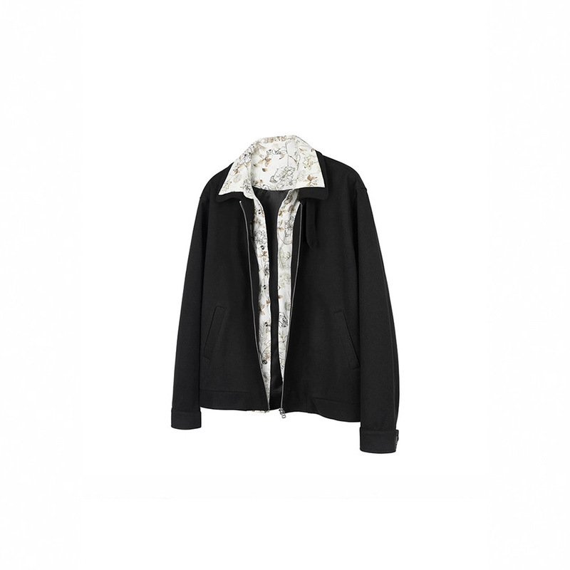 High-Quality Black Floral Faux Two-Piece Woolen Lapel Design Zipper Jacket Cleanfit Casual Jacket Trendy
