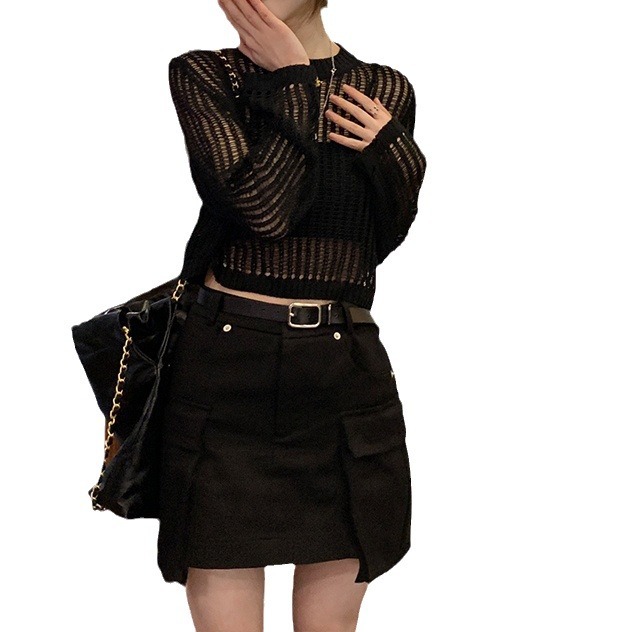 Designový smysl: Tenký dutý síťovaný pletený svetr s dlouhým rukávem, opalovací krém, pro ženy, volný a všestranný na jaro a..._voghion.com