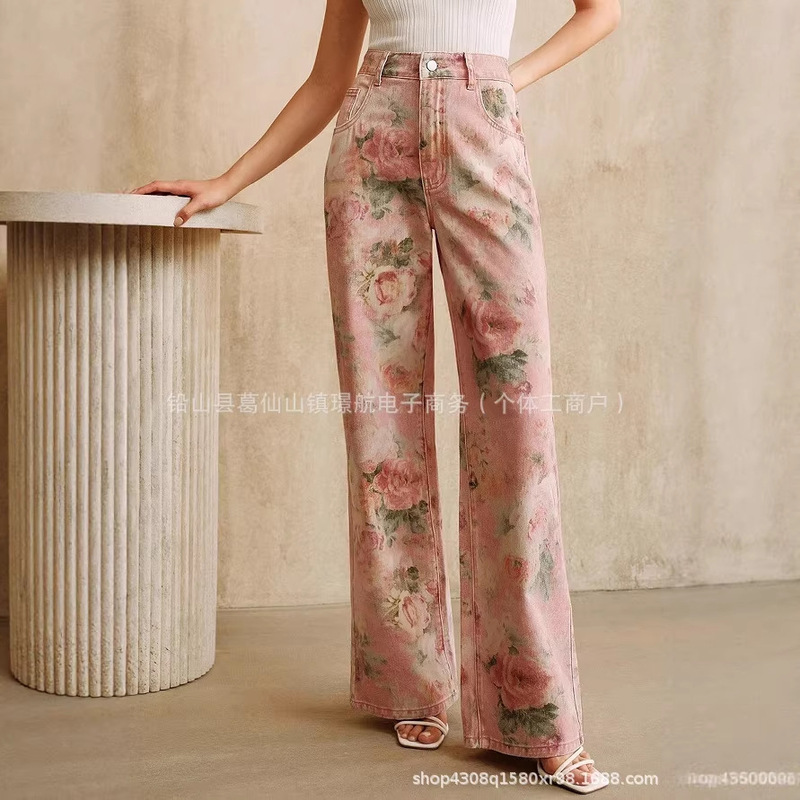 Cross-Border Rose Print Wide-Leg Jeans for Women, Summer High-Waisted Loose Straight-Leg Drapey Slimming Split Hem Long Pants Cross-Border Rose Print Wide-Leg Jeans for Women, Summer High-Waisted Loose Straight-Leg Drapey Slimming Split Hem Long Pants