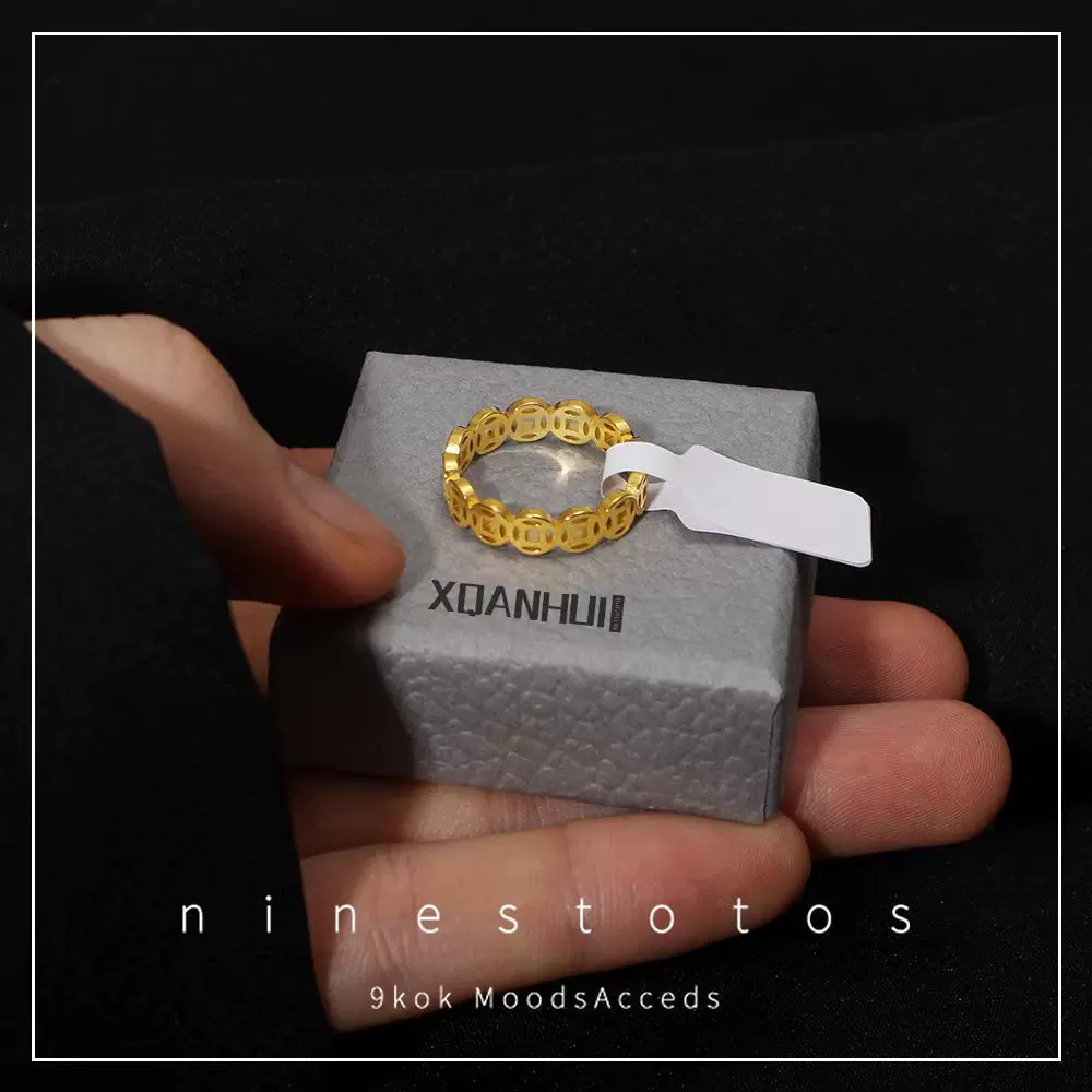 复古铜钱戒指不锈钢招财钱多聚财转运指环 钛钢18k金食指男女尾戒