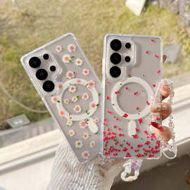 适用三星GalaxyS26Ultra雏菊玫瑰花透明磁吸S25/24/23清新手机壳