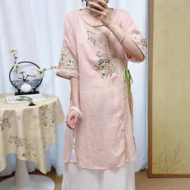 苎麻连衣裙 2025夏季新款 复古禅意盘扣珠刺绣中长款茶服上衣女