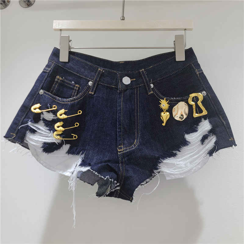 Shorts de Mezclilla de Tiro Alto de Mezclilla de Poliéster con Efecto Desgastado
