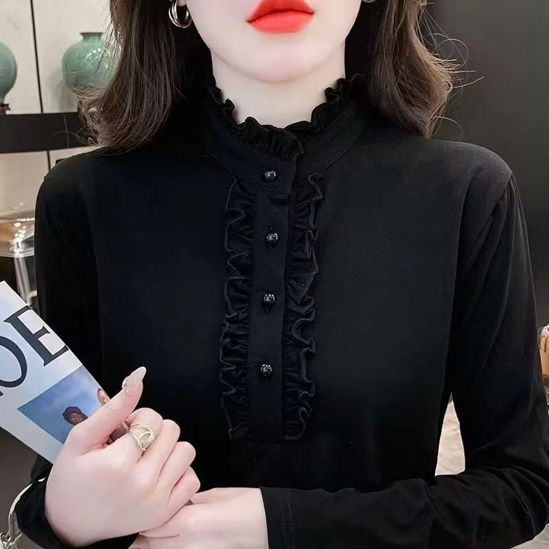 Mom's Coffee-Colored Ruffled Collar Top for Women, Autumn and Winter New Style, Long-Sleeve T-Shirt with Ruffled Edges, Stylish Fleece-Lined Base Shirt