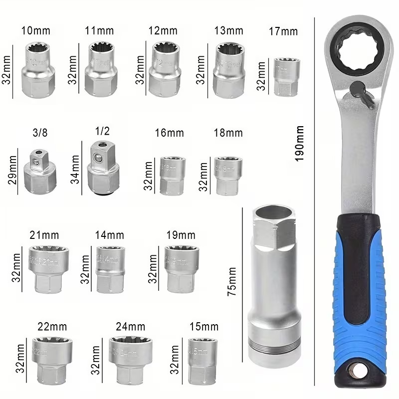 17-Piece Set of Through-Hole Ratchet Sockets, Toothed Through-Hole Sockets, 12-Point Perforated Sockets, Disassembly Tools, Multi-Functional Sockets