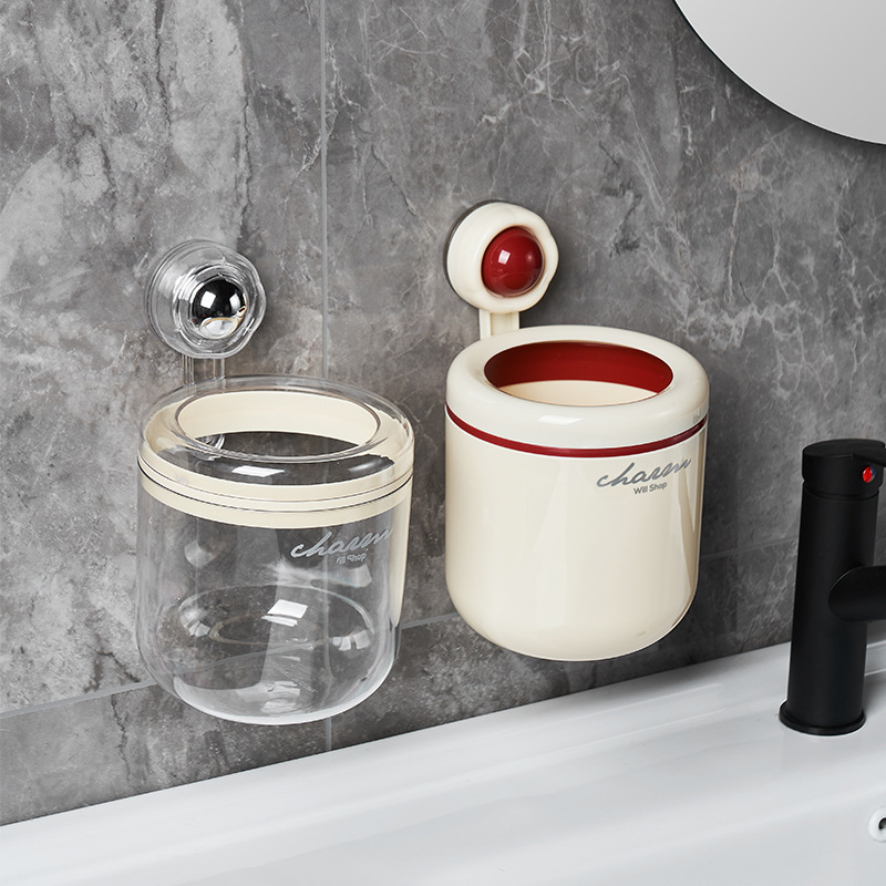 Bathroom vacuum suction wall hanging trash can round plastic PET transparent pressure ring storage box cream wind desktop wastebasket