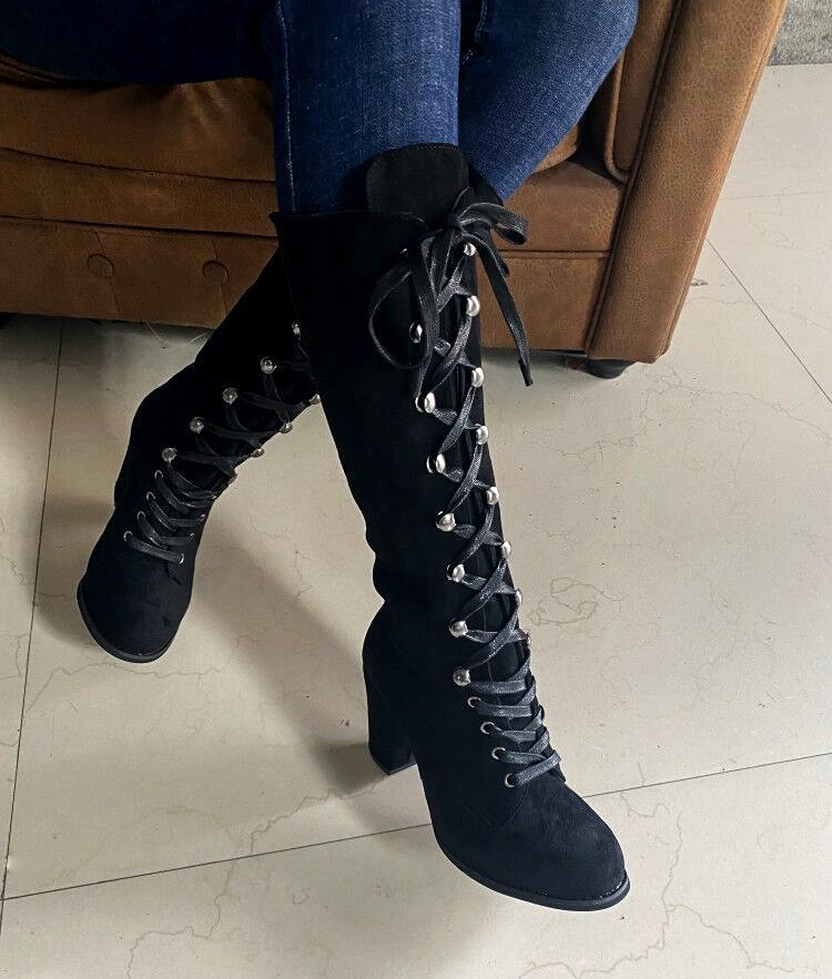 Women's Plus Size High Heeled Fashion Boots Chunky Heel Suede Cross Strap Long Boots European American Style Winter Slimming_vogvips.com