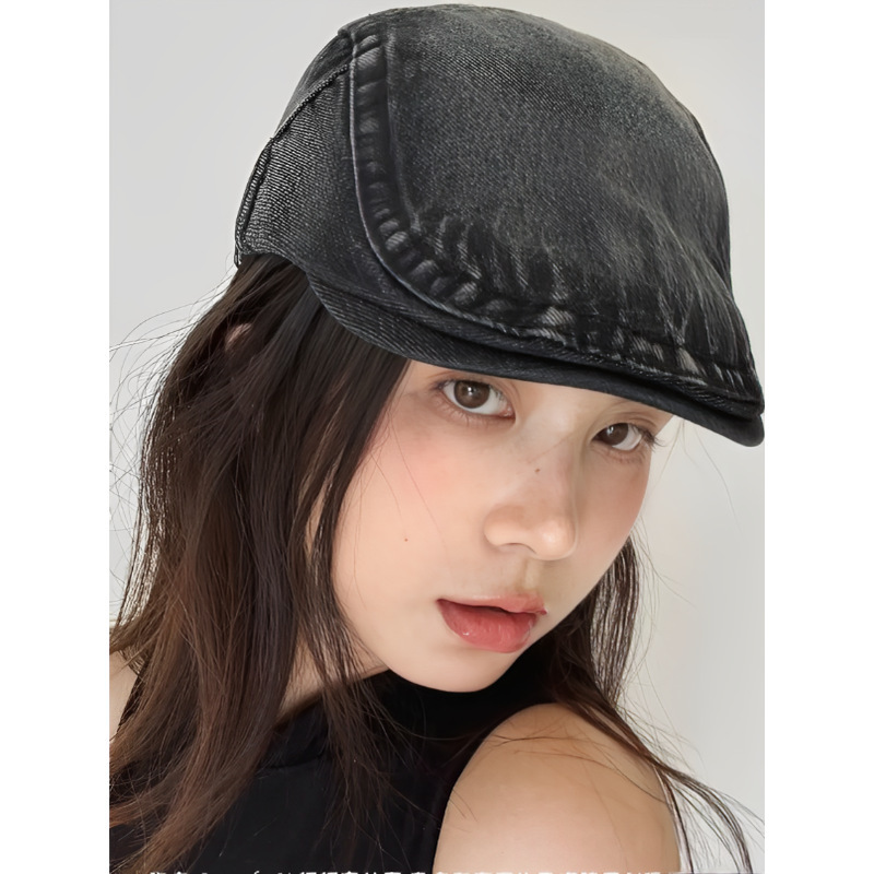 复古牛仔前进帽女春秋百搭反戴鸭舌贝雷帽大头围夏季英伦报童帽子|undefined
