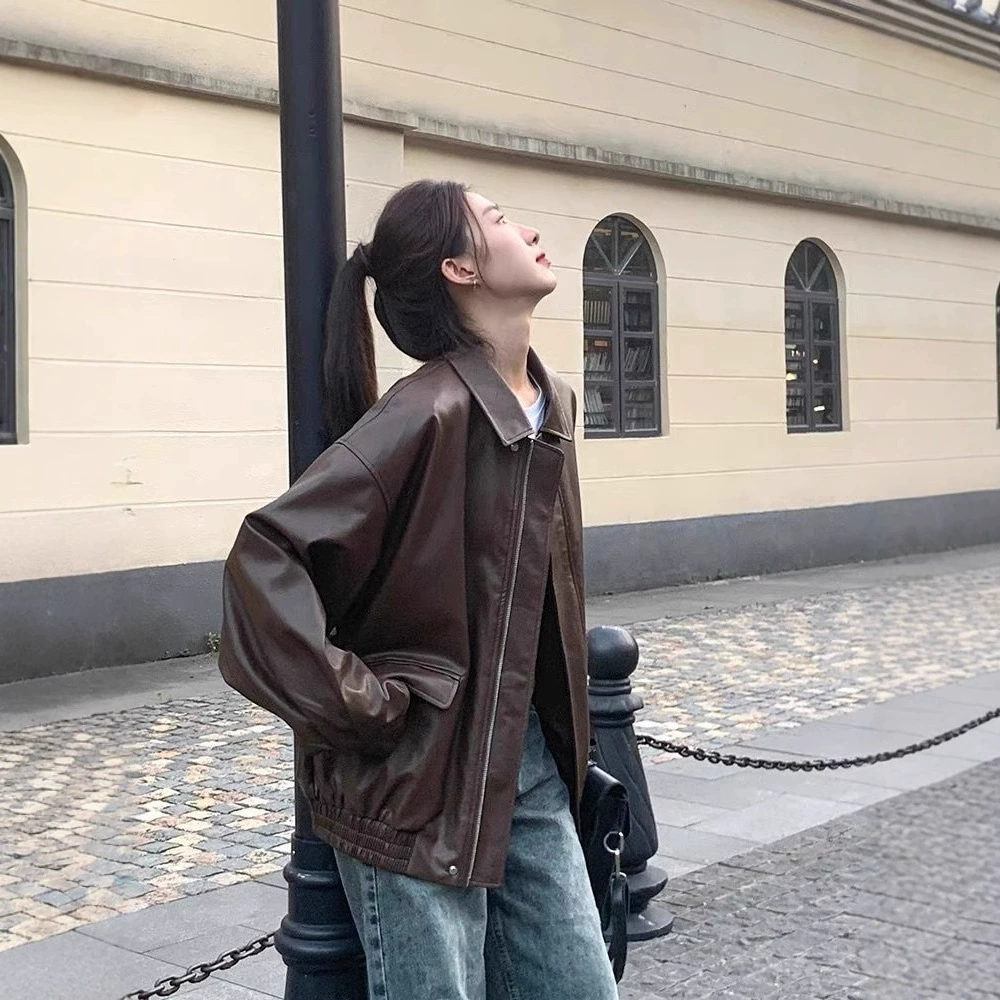 Короткая осенняя куртка в ретро корейском стиле для подростков — коричневая и чёрная, размеры M–3XL