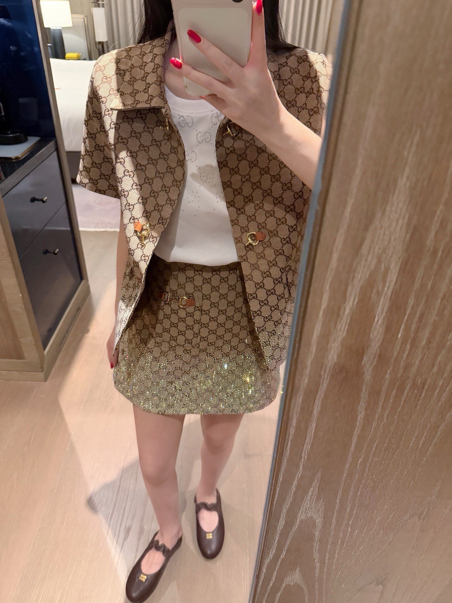Nanyou high-quality G-brand double-G monogram rhinestone short-sleeve jacket + short skirt set, summer fashion casual two-piece set