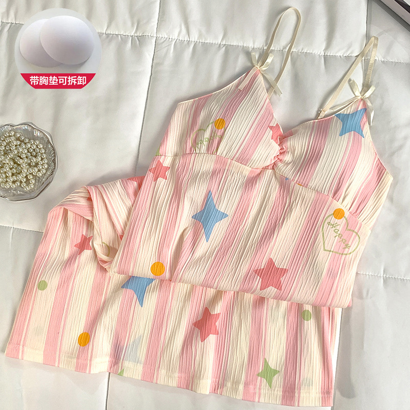 Con almohadilla para el pecho, camisón para el hogar, falda media para mujer, linda estrella a rayas, dulce casual, verano nuevo camisón fino al por mayor