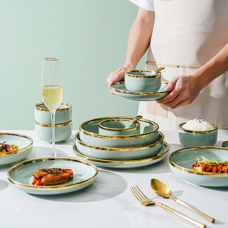 Tazón de lujo ligero y palillos placa combinación hogar creativo tazón de sopa de cerámica nórdica plato de pescado Internet celebridad borde dorado vajilla tazón y plato traje