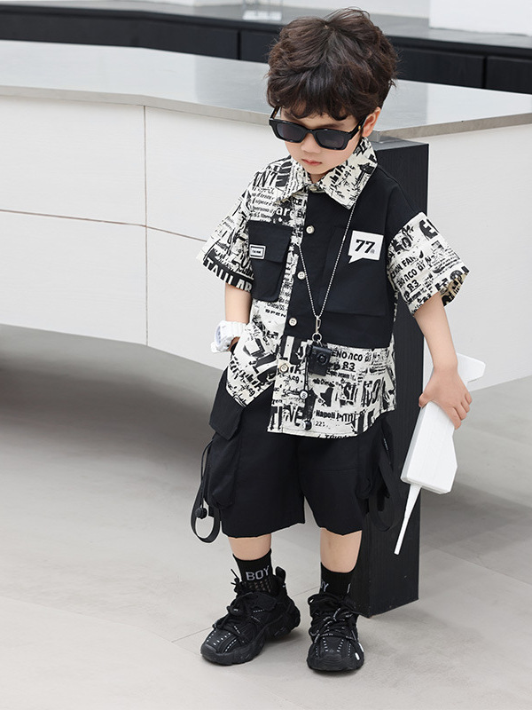 7191 niño vestido de verano hermoso traje de herramientas fino para niños 2025 nuevo estilo coreano camisa de manga corta pantalones cortos para bebé