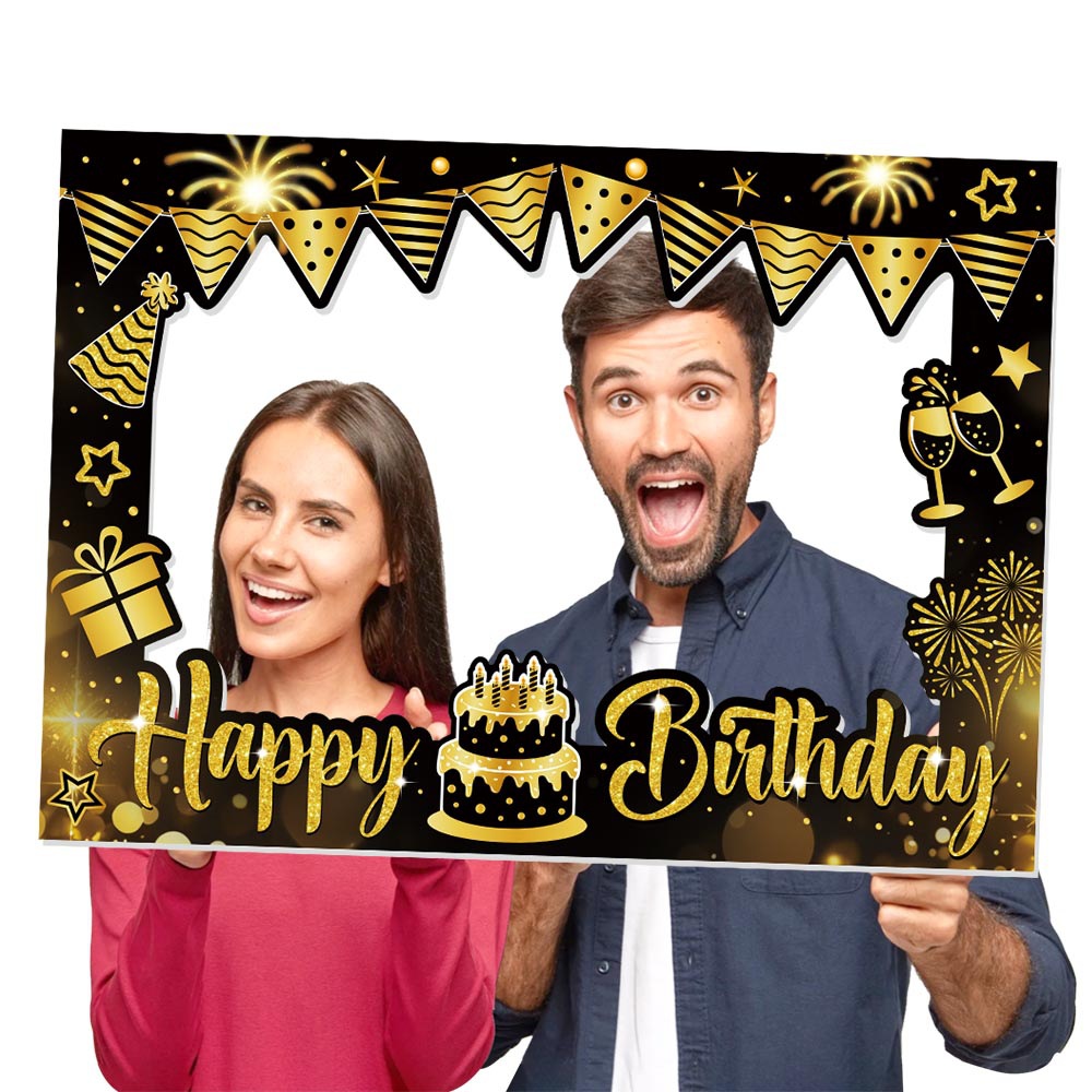 Nuevo producto transfronterizo Decoración de fiesta de cumpleaños Marco de fotos Oro negro Feliz cumpleaños Decoración de fiesta Accesorios para fotos