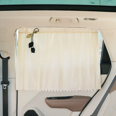 Car Sunshade Curtain with Suction Cup, Retractable Car Window Curtain, Double-Layer Mesh, Children's Sun Protection, Light-Blocking, Privacy Curtain (Car curtains) - double-layer-flower-tassel-style-beige