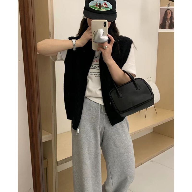 2025春秋新款韩系双拉链针织马甲女复古口袋翻领无袖背心毛衣外套|undefined