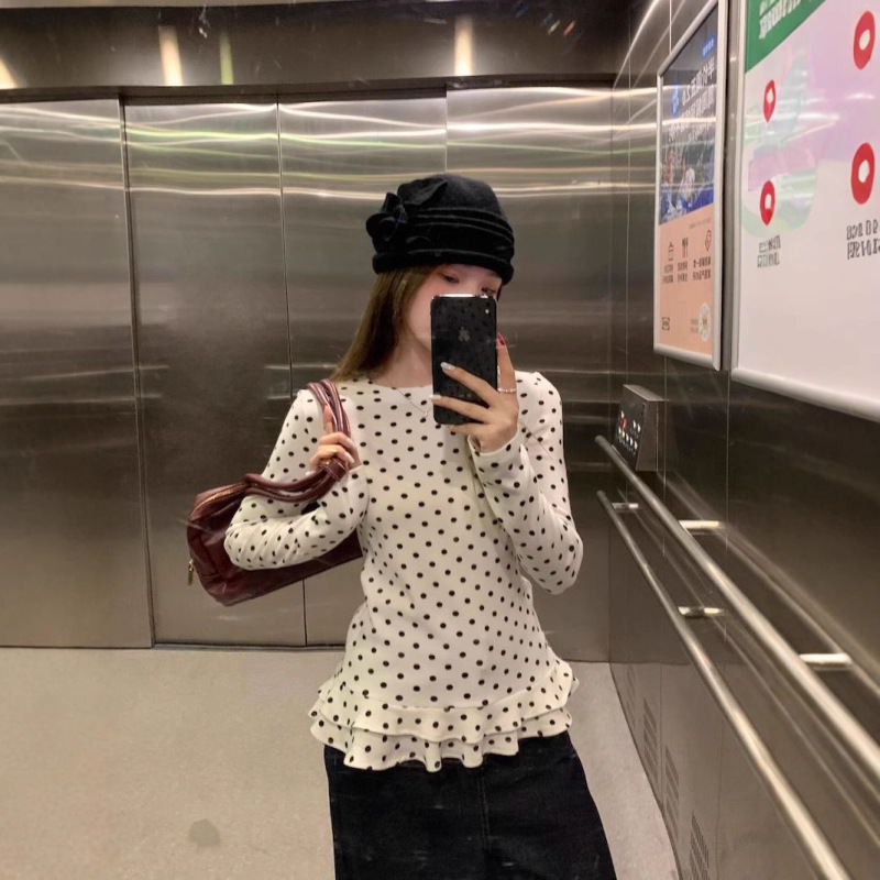 [Factory in stock] Original Fabric Sweet Style White Wave Dot Long Sleeve T-Shirt Women's Spring Ruffled Top