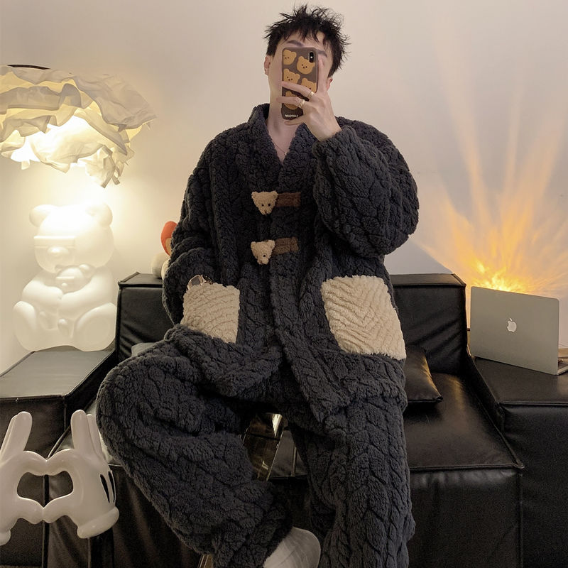 Pijamas de coral de lana de invierno para hombres con lana de invierno engrosado otoño invierno conjunto de ropa de franela 2025 nuevo