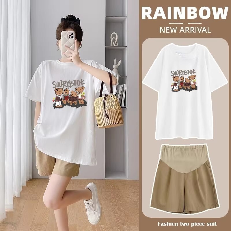 Maternity Set Loose Plus Size Summer Thin Short-Sleeve T-Shirt 2026 New Summer White Top and Pants Two-Piece Set