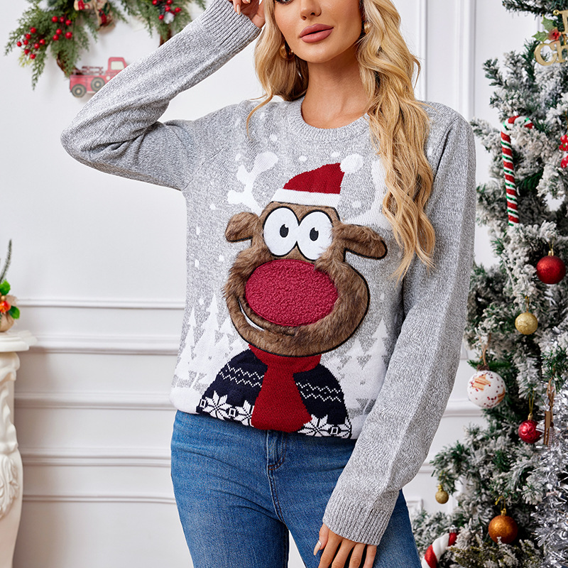 Vêtements pour femmes, pull ample et décontracté, vêtements parent-enfant, pull tricoté, automne et hiver, lumières colorées, pull gris, pull de Noël_voghion.com