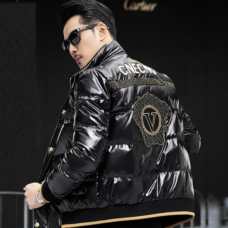 Trendy Brand Down Jacket Men's Short Winter New Style Vertical Collar Bright Face Heavy Industry Sequin Embroidered Fashion Warm Jacket Trend