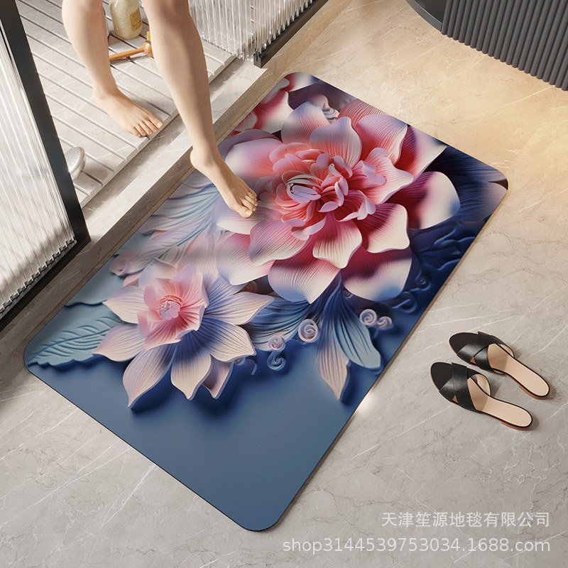 跨境硅藻泥立体花卉地垫浴室防滑垫家用卫生间进门入户速干软脚垫|undefined