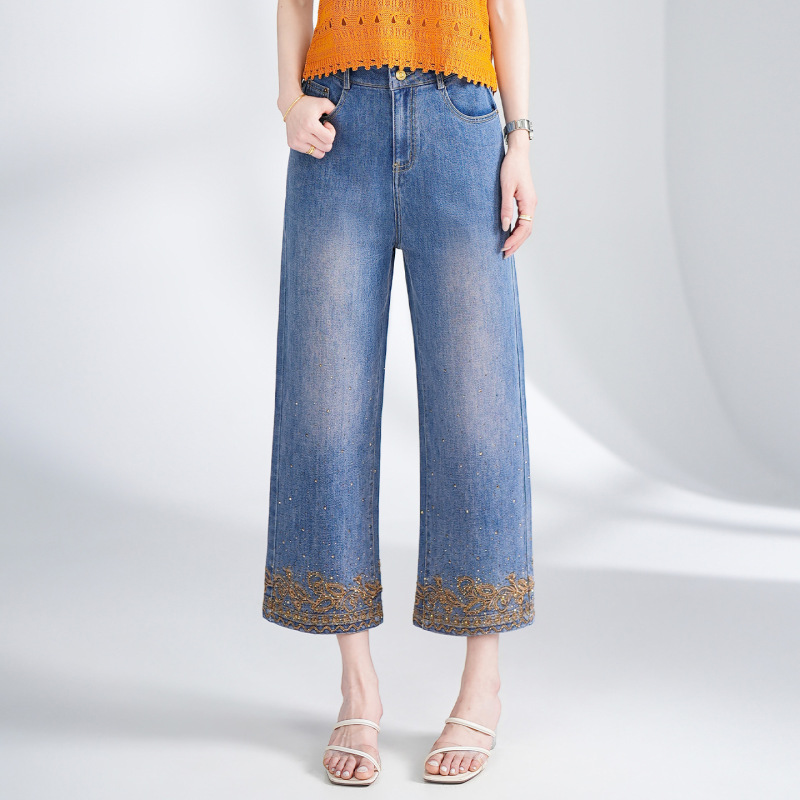 Brand Summer Trendy Straight Wide-Leg Jeans for Women, Embroidered Versatile High-Waisted Casual Pants, Loose Cropped Pants Wholesale
