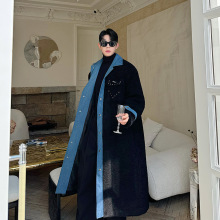 整件羊羔毛大衣长款过膝男撞色牛仔拼接铆钉装饰外套时尚廓形外套