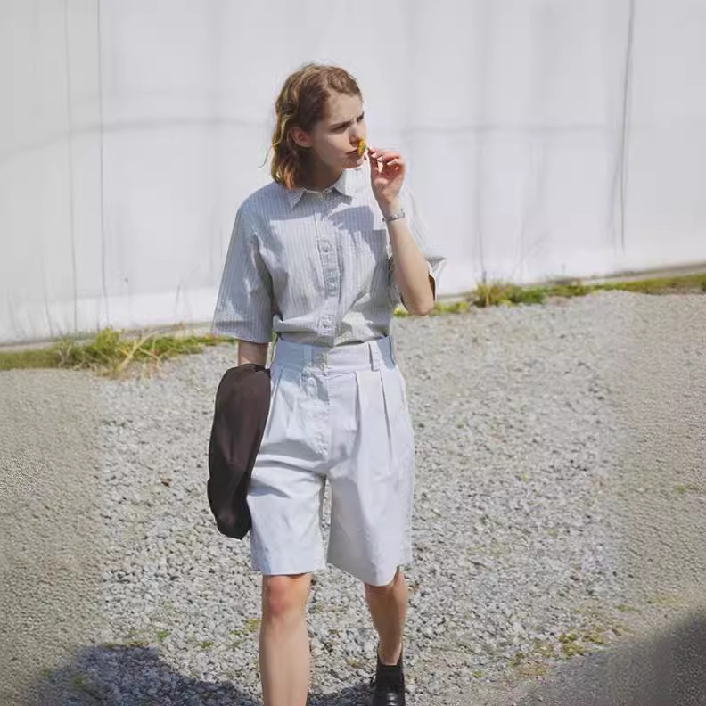 British Style MH Summer Bermuda Wide Leg Roll-up Workwear Shorts High Waist Casual Pants