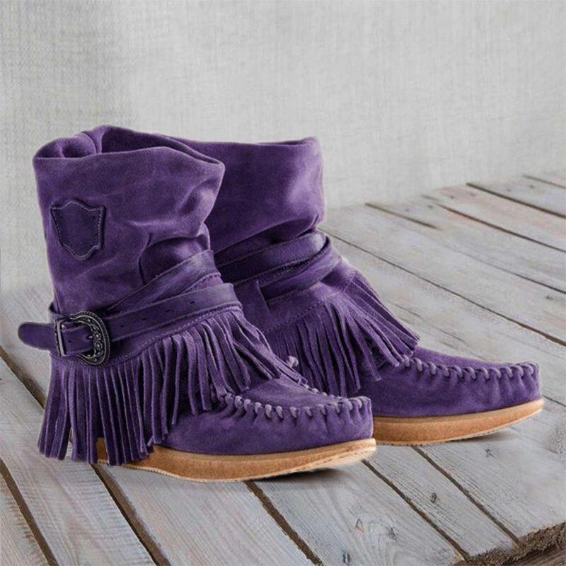 Women's Mid Calf Cowboy Boots Flat Heel With Tassel And Buckle_voghion.com