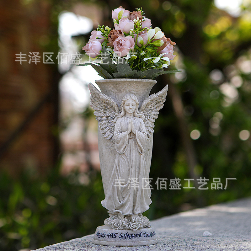 Adornos de jardín creativos con forma de ángel para cementerio, florero transfronterizo, arreglo floral, decoración conmemorativa para lápidas, estatua de resina artesanal.