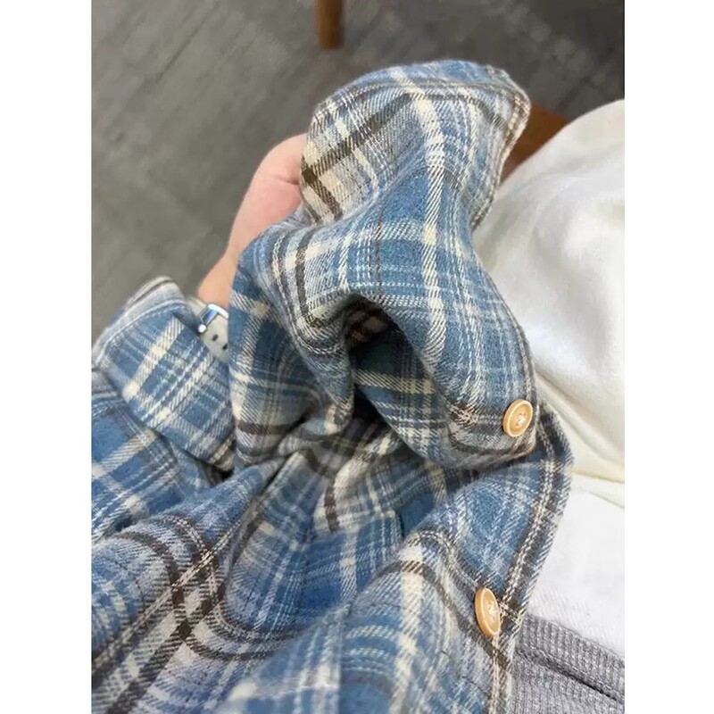 2025 Spring and Autumn American Retro Brushed Plaid Shirt Men's Long-Sleeved Jacket Blue High-End Inner Lining Shirt