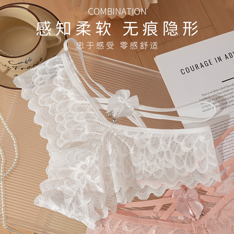 New Style Hollow-Out Sexy Semi-Transparent Lace Women's Thong Low-Waist Thin Strap Bowknot Bell Girl's Small Triangle Panties