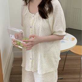 韩国外贸女士夏季韩系ins风紫色小碎花双层棉家居服睡衣套装批发
