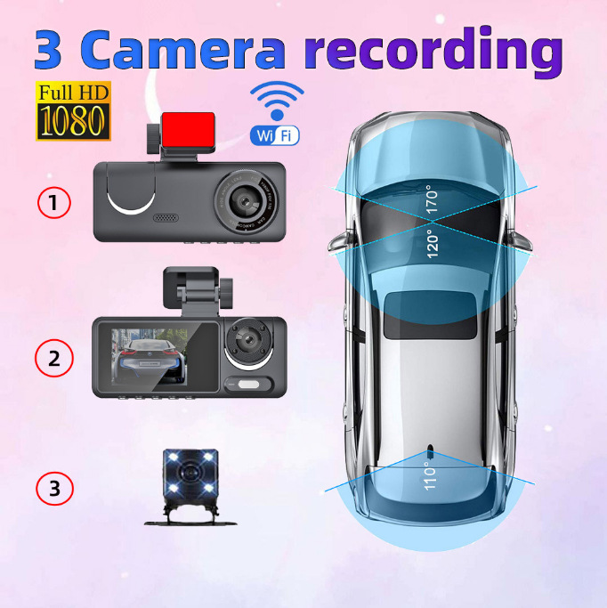 2026 Model 3-in-1 New Car Dash Cam 1080P High-Definition Night Vision with Simultaneous Recording of Front, Interior, and Rear of the Vehicle