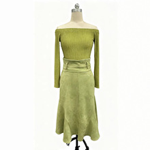 现货2025新款一字肩长袖紧身上衣加高腰半身裙加皮带XQY907