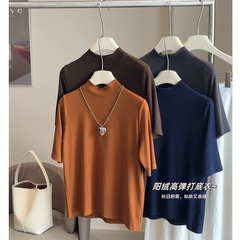 女性用半袖Tシャツ2025春秋新作五分袖ハーフタートルネックストレッチベルベットスリムミッドスリーブボトリングシャツ女性用