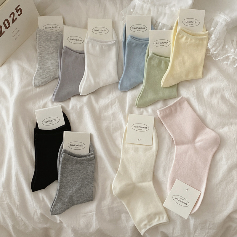 suxinaimin Spring and Summer Thin Solid Color Socks Ins Simple Morandi Color Summer Short Socks Women's Cotton Socks
