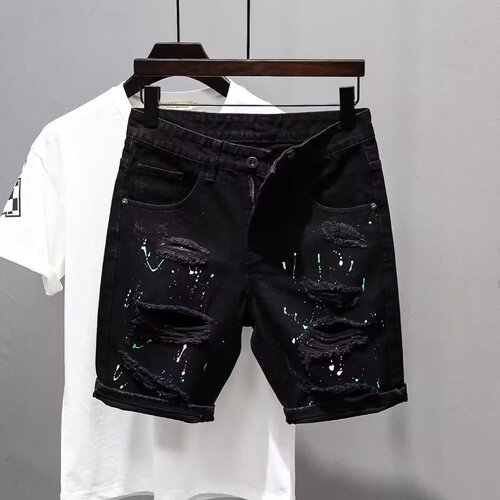 Chic Men's Casual Hole-punched Five-pocket Summer Versatile Slim Fit Rebel Black Denim Shorts