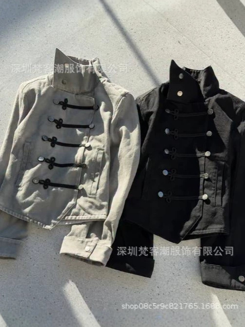 Kişi və qadın üçün tikməli denim sviter, dik yaxalı