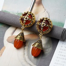 vintage中古耳环女红色水晶长款耳坠个性金色做旧小众设计感耳饰