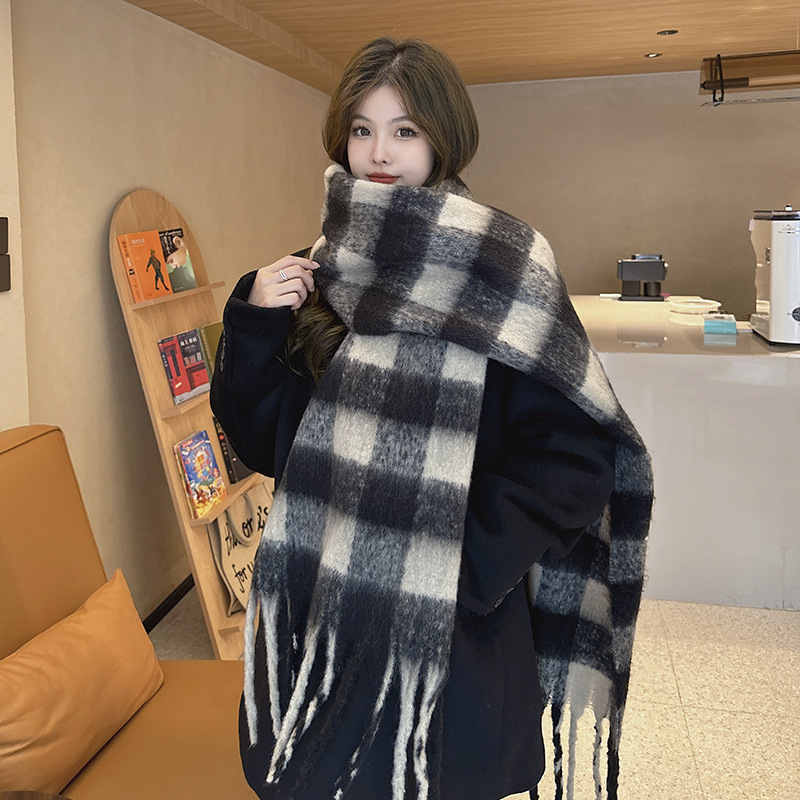 Otoño e invierno nuevo europeo y americano Za beige gris plaid cachemira-como borla bufanda comercio exterior solo mohair alargado cálido chal