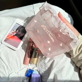 韩国ins风少女网纱爱心刺绣便携透明化妆包可爱纸巾包补妆收纳包