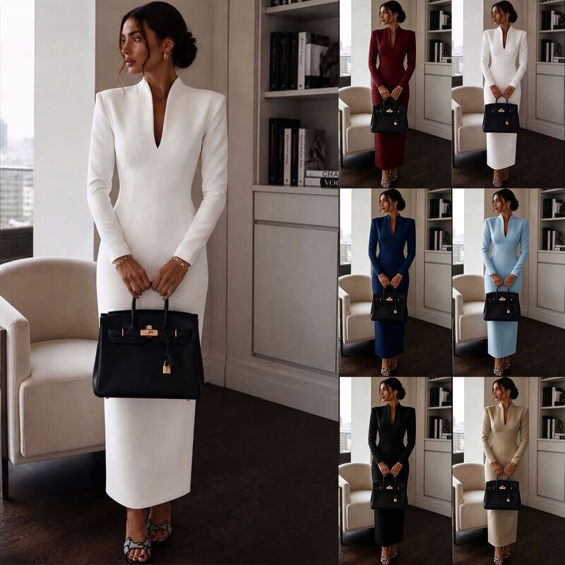 2026 Amazon Independent Station Cross-Border Stand Collar V-Neck Long Sleeve Waist-Cinching Bodycon Dress Gown Light Luxury