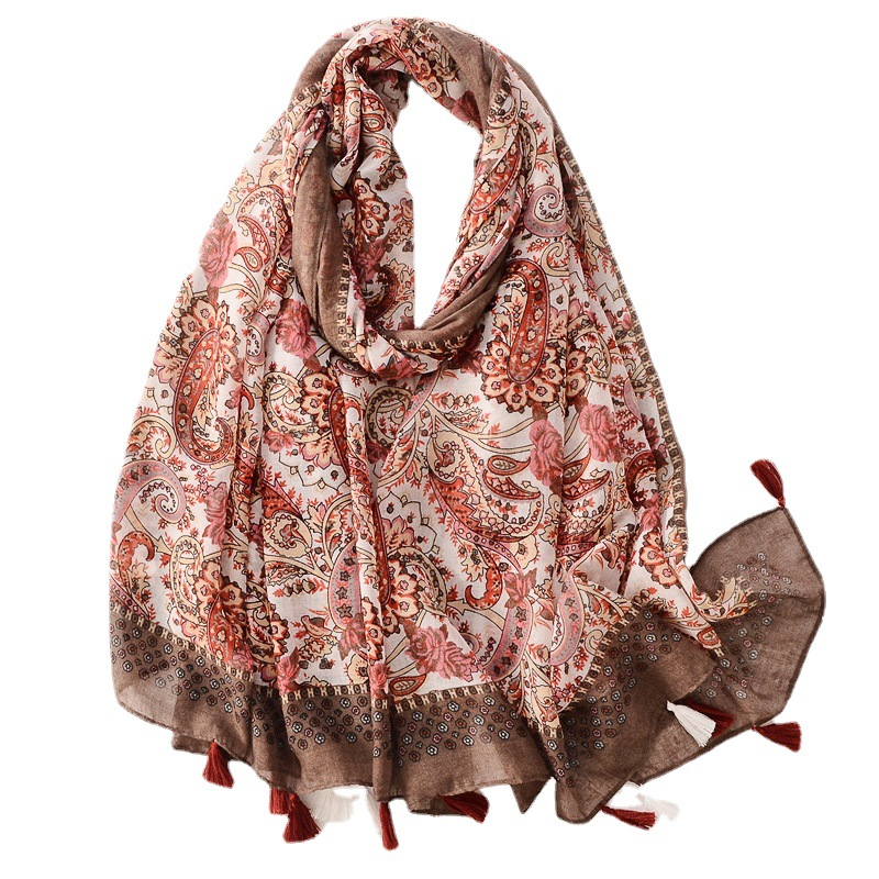 Las exportaciones transfronterizas de algodón y lino sienten bufanda caqui anacardo impresión foto de viaje decoración protector solar chal Toalla de playa