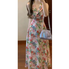 フレンチエレガントなウエストと大きな裾の赤い花柄シャツドレス女性の夏の新しいロマンチックなレトロなロングスカート