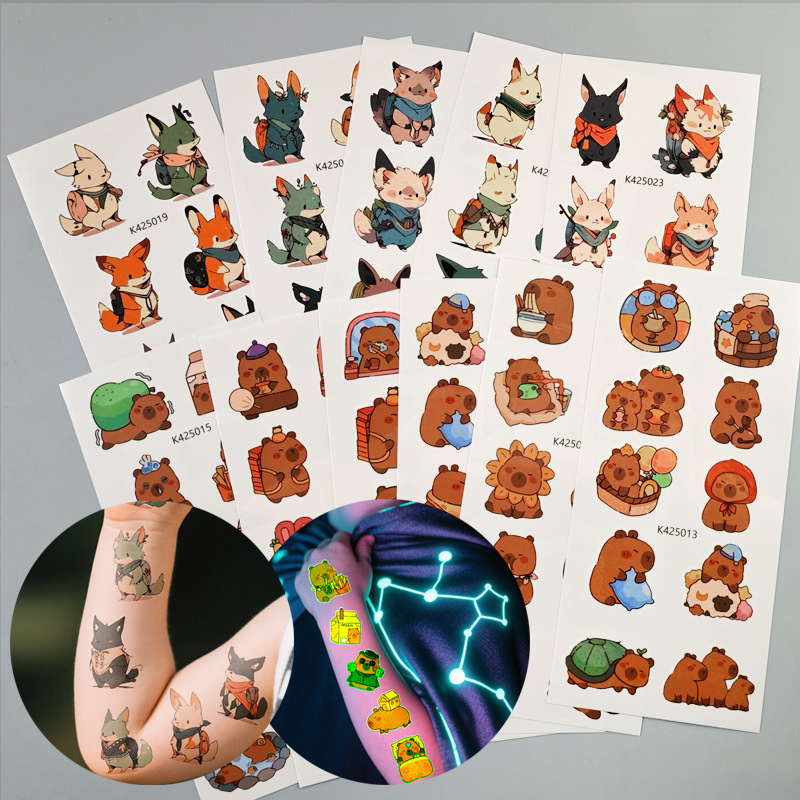 New cartoon animal fluorescent tattoo stickers, glow-in-the-dark cute fox and capybara face decoration stickers for children's parties