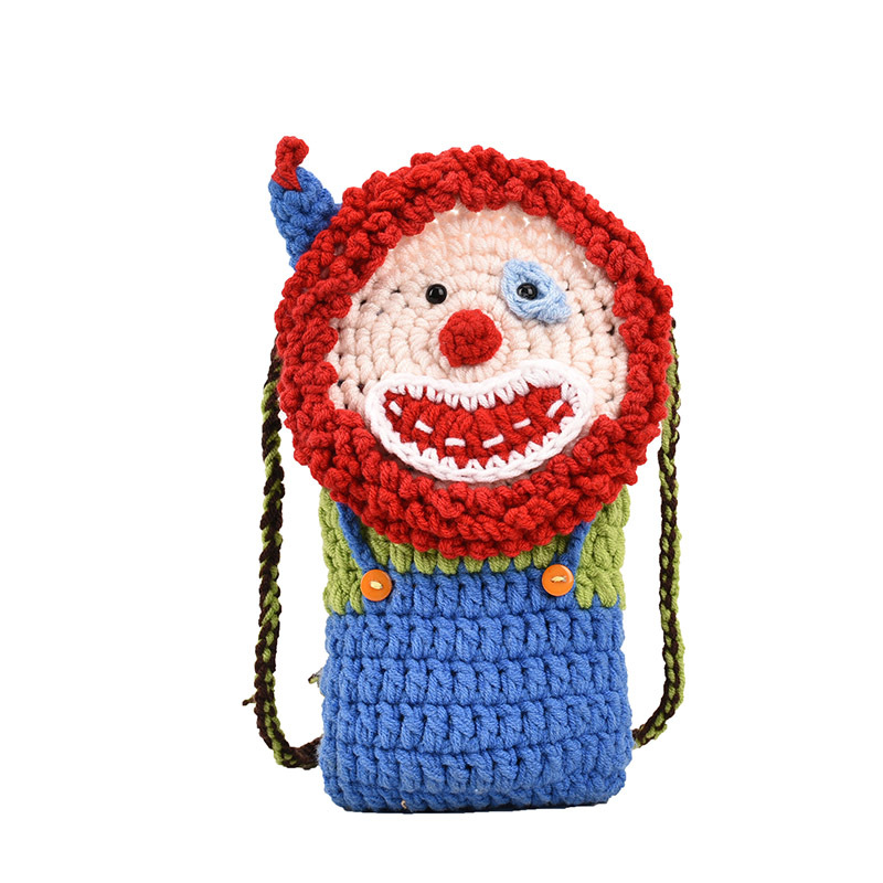 Bolso de hombro de la muñeca del payaso de los niños moda bebé de lana de dibujos animados monedero pequeña niña tejida a mano bolsa de mensajero