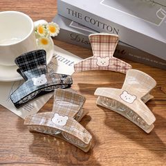 韩版奶茶色中号格纹小熊抓夹女简约可爱时尚鲨鱼夹半扎发盘发夹子