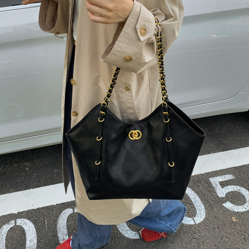 2025新款权志龙同款小香风菱格链条托特包大容量时尚单肩腋下女包|undefined